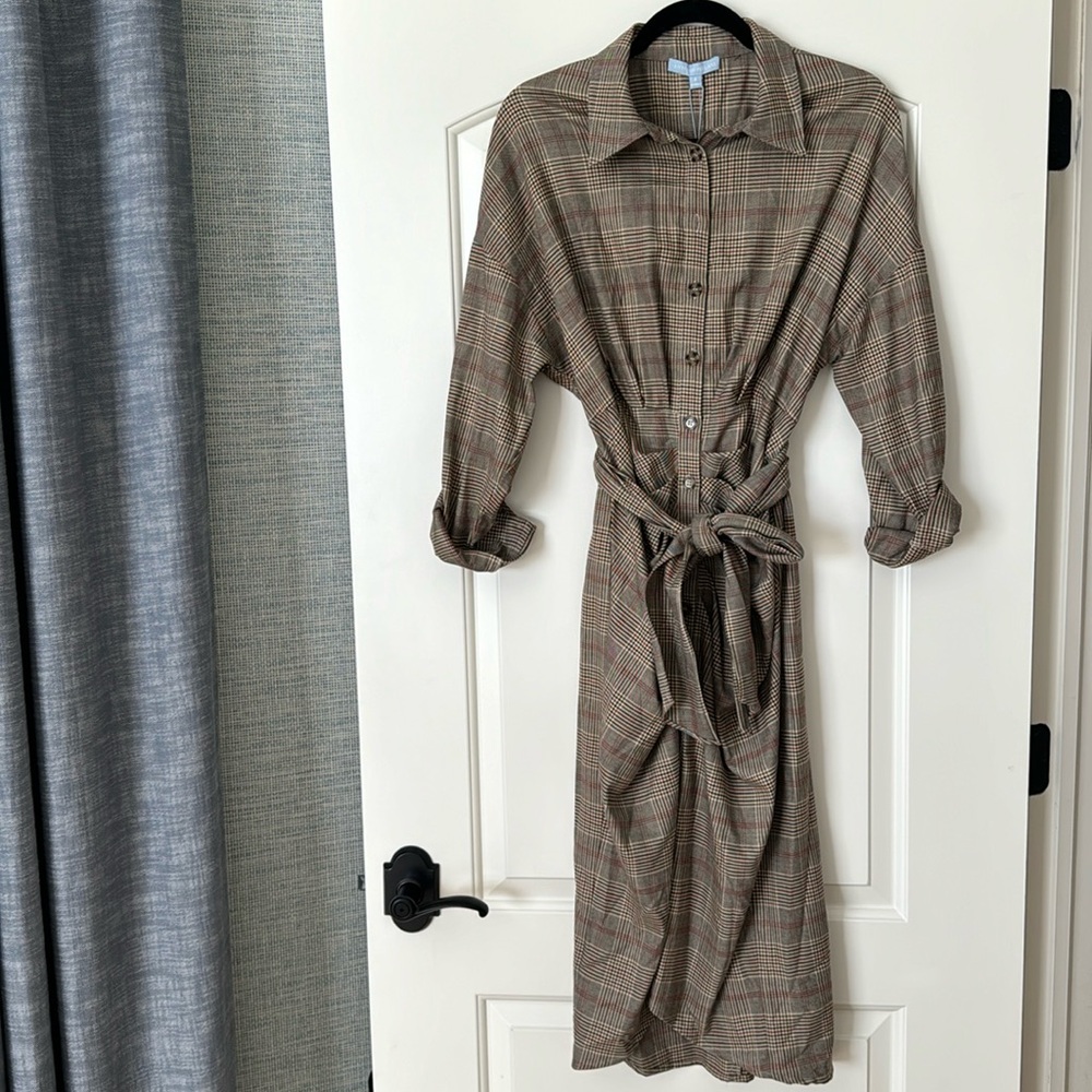 Antonio Melani Plaid Button Up Shirt Dress with Attached Belt